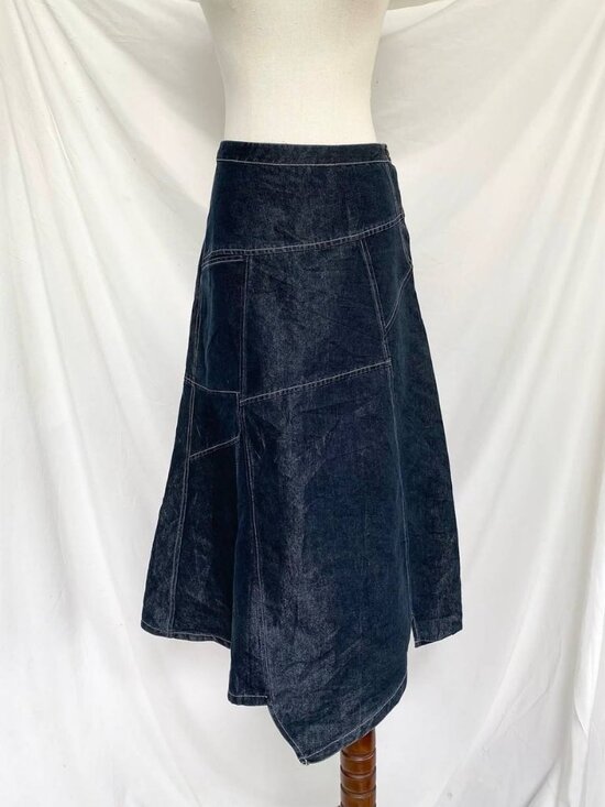 Dresses & Skirts - Y2K Dark Wash Denim Midi Skirt Asymmetrical Patchwork Panel A-Line Skirt